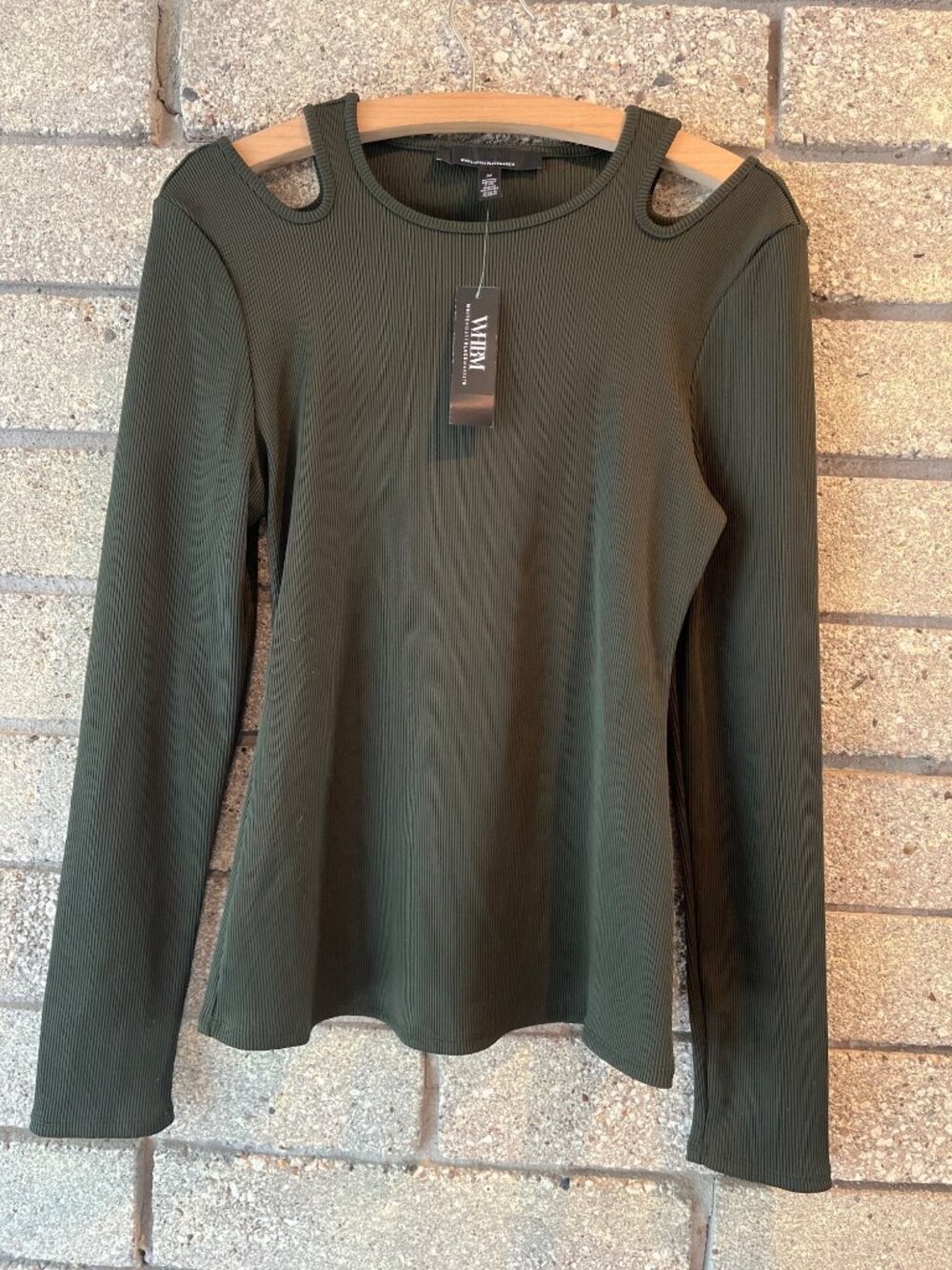 WHBM Womens Cutout Ribbed Long Sleeve Top Sergeant Green Size M
